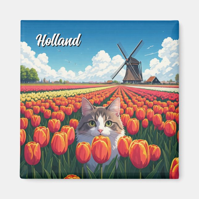 Aimant Chat en Tulip Fields Holland Pays-Bas (Devant)