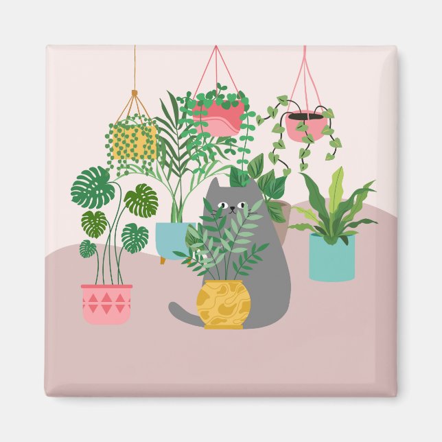 Aimant Chat entre Plantes drôle (Devant)