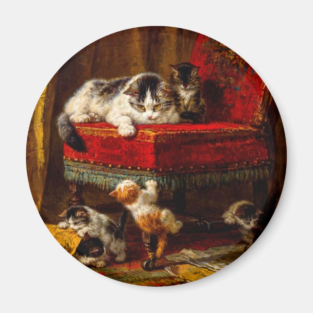 Aimant Chat et chatons Jouer avec chaise (Devant)