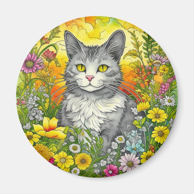 Aimant Chat et Fleurs Whimsical (Devant)