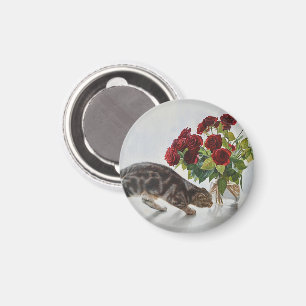 Aimant Chat et roses rouges – Impression réaliste d'une p