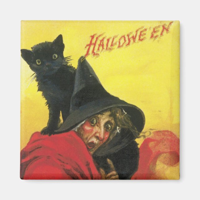Aimant Chat et sorcière d'Halloween vintage (Devant)