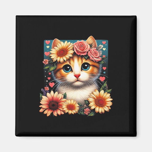 Aimant Chat Fleur Rétro Amour Art Kitten Avec Fleurs Anim (Devant)