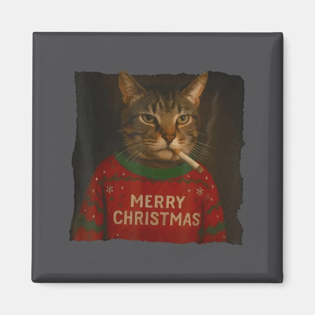 Aimant Chat Fumeur Cigarette Noël Chapeau Santa Chat Meme (Devant)