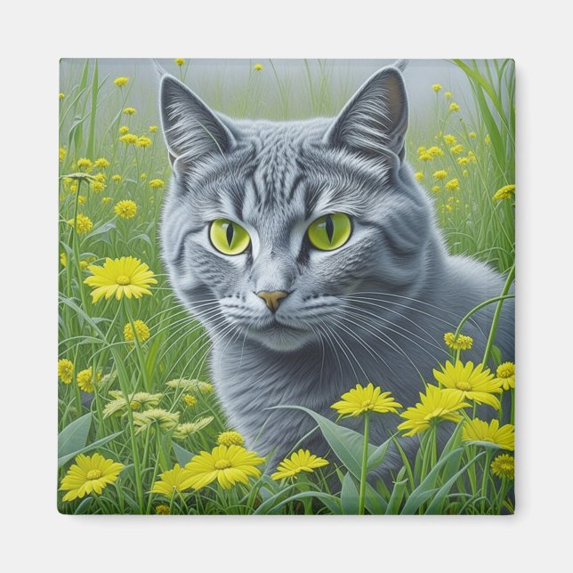 Aimant Chat gris mignon avec Yellow Eyes Ai Art (Devant)