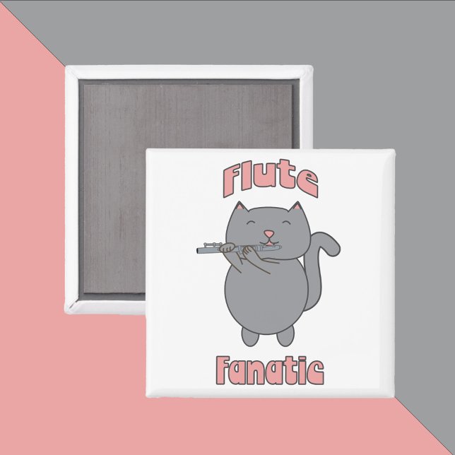 Aimant Chat gris rose fanatique de flûte (A magnet with a gray flute playing cat that says flute fanatic)