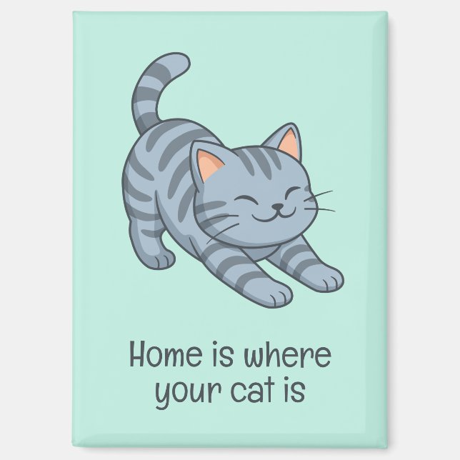 Aimant Chat gris tabby vert étiré Texte personnalisé (Recto)