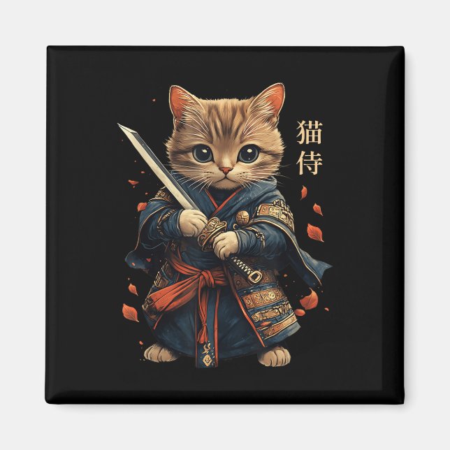 Aimant Chat Guerrier Japonais Samurai Chat Tattoo Kawaii  (Devant)