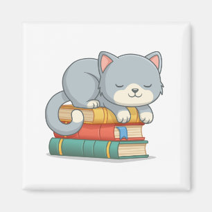 Aimant Chat heureux sur une pile de livres