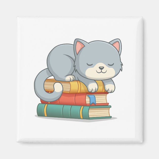 Aimant Chat heureux sur une pile de livres (Devant)