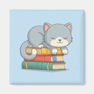 Aimant Chat heureux sur une pile de livres bleus