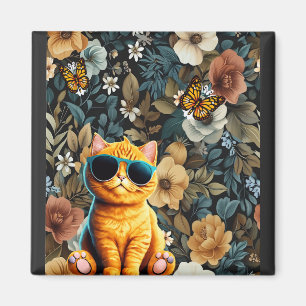 Aimant Chat jaune et papillons sur Arrière - plan floral