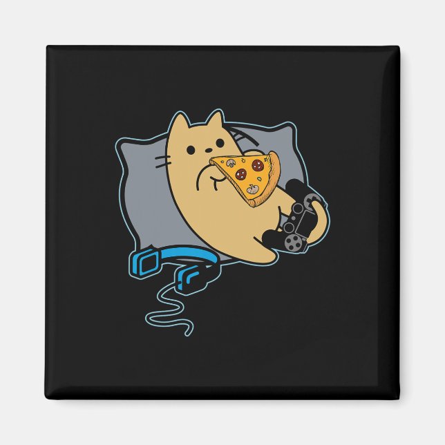 Aimant Chat joueur mangeant une pizza nerd jeu en pause  (Devant)