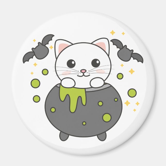 Aimant Chat Joyeux Halloween Cauldron Bat (Devant)