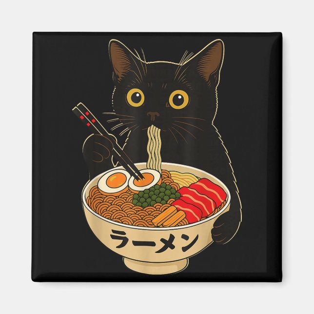 Aimant Chat Kawaii Mangeant Des Nouilles Ramen Cadeau Drô (Devant)