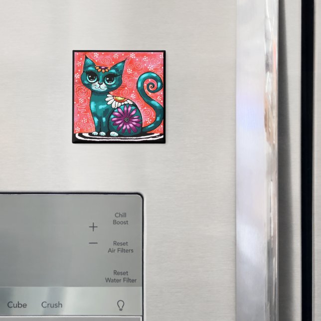 Aimant Chat Kitty Fantaisiste Assis sur Tapis Floral Sarc (In situ (réfrigérateur))