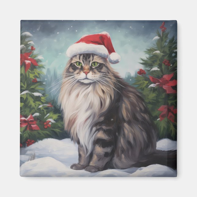 Aimant Chat Maine Coon à Noël de neige (Devant)