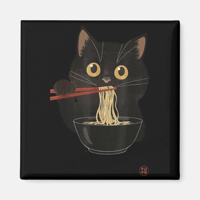 Aimant Chat Mangeant Ramen Drôle Japonais Kawaii Chat Ani (Devant)