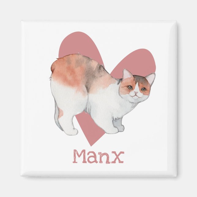 Aimant Chat Manx Aquarelle Kitty Coeur rose (Devant)