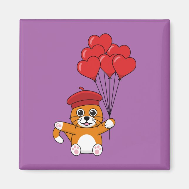 Aimant Chat mignon avec Ballons de Coeur Rouge (Devant)