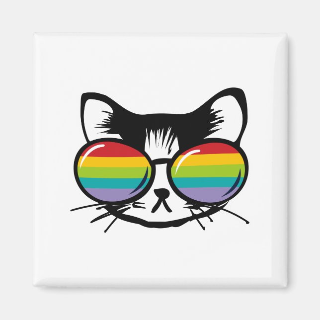 Aimant chat mignon avec lunettes de soleil arc-en-ciel (Devant)