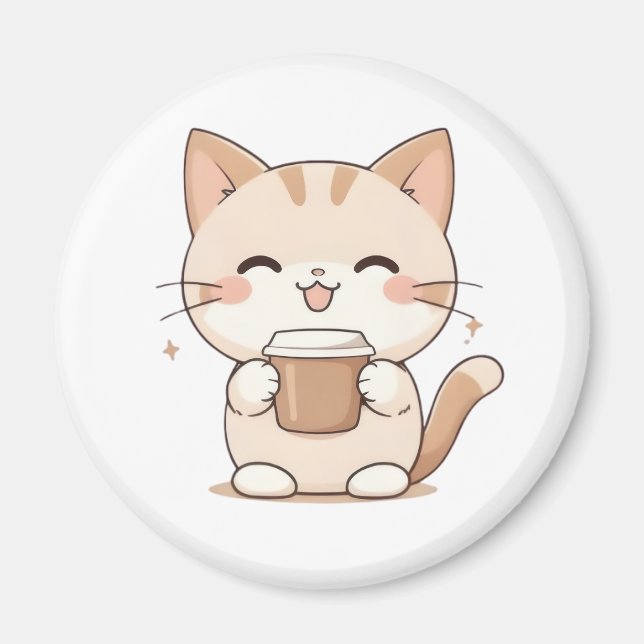 Aimant Chat Mignon Buvant du Café Design Kawaii (Devant)