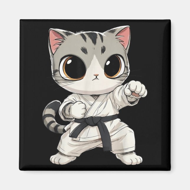 Aimant Chat mignon d'arts martiaux Karaté Ceinture noire  (Devant)