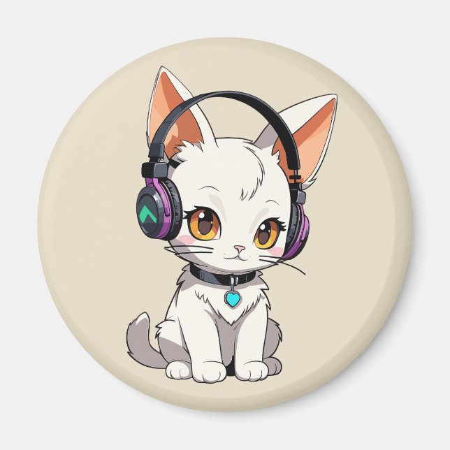 Aimant Chat Mignon Kawaii avec Écouteurs (Devant)