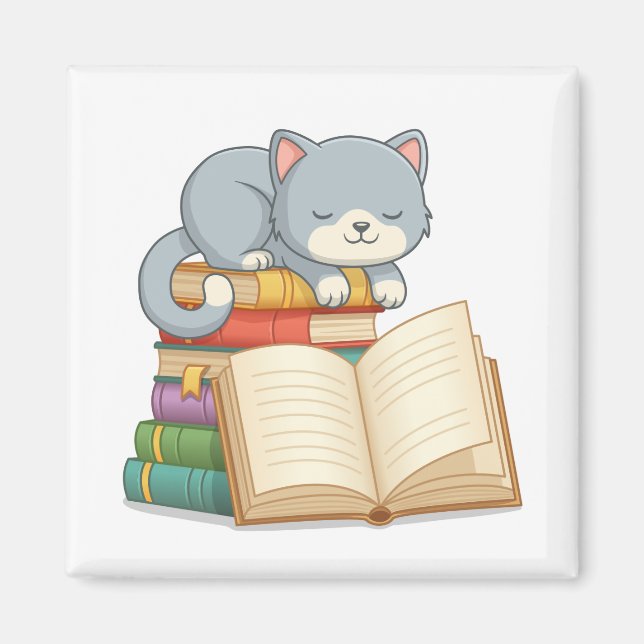 Aimant Chat mignon sur le dessus d'une pile de livres (Devant)