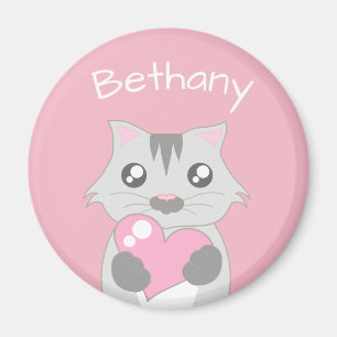Aimant Chat mignon tenant coeur rose