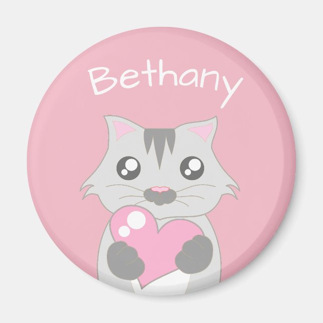 Aimant Chat mignon tenant coeur rose (Devant)