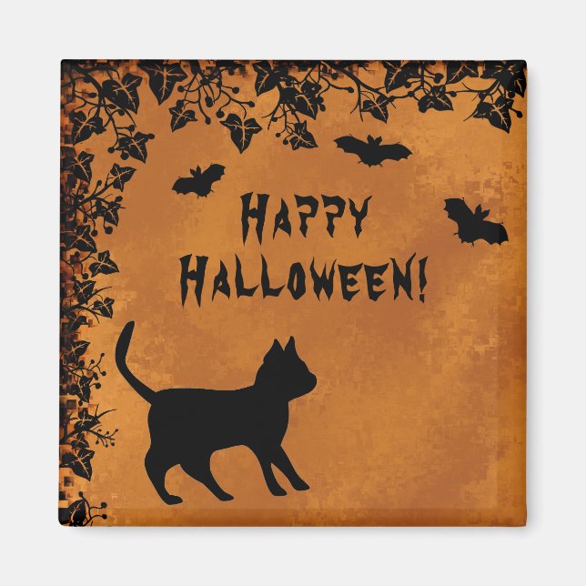 Aimant Chat noir avec chauve-souris, Happy Halloween (Devant)