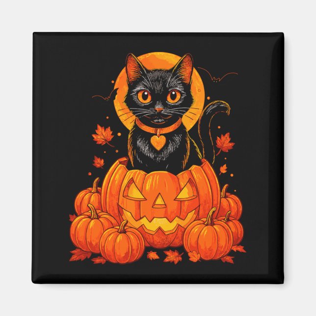 Aimant Chat Noir Citrouille Lune Halloween Automne (Devant)