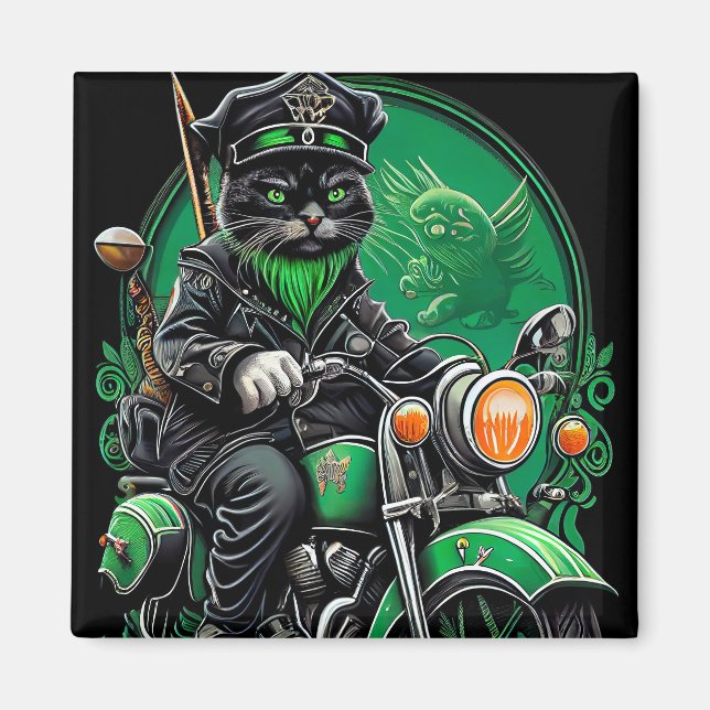 Aimant Chat noir conduisant un vélo la Saint-Patrick (Devant)