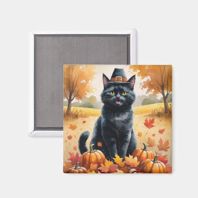 Aimant Chat Noir dans l'Art de Thanksgiving aux Feuilles  (Recto/Verso)