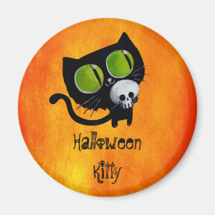 Aimant Chat noir de Halloween avec le crâne