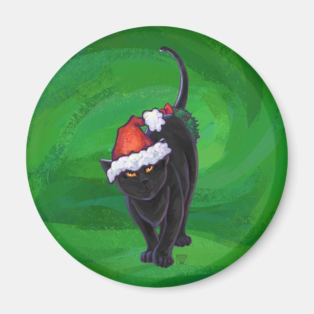 Aimant Chat noir de Noël en vert (Devant)