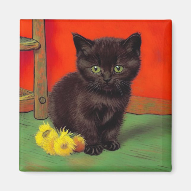 Aimant Chat noir de style Van Gogh (Devant)