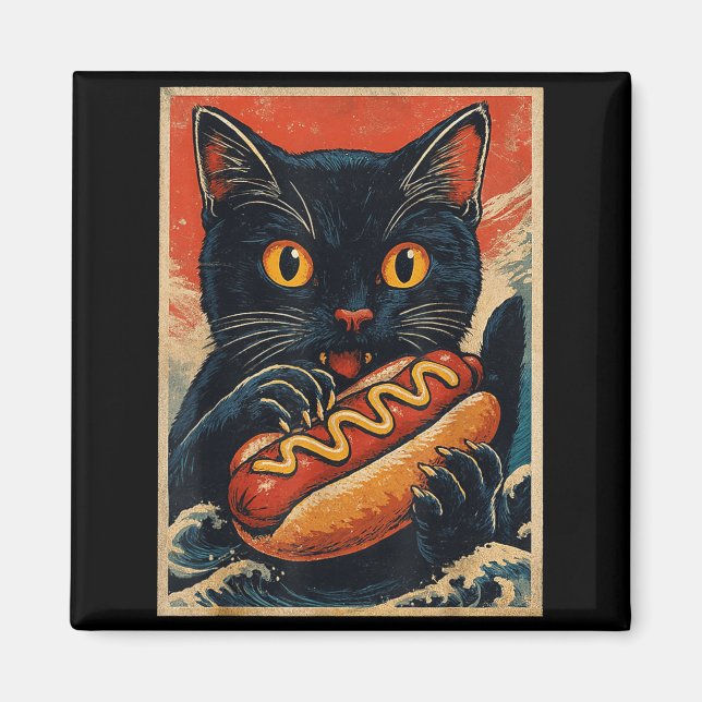 Aimant Chat noir drôle mangeant un hot dog rétro japonais (Devant)