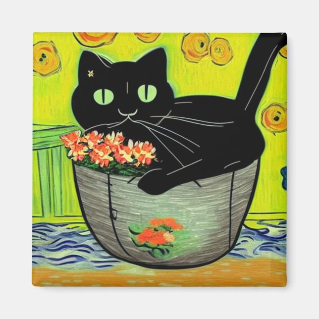 Aimant Chat noir en pot de fleurs (Devant)