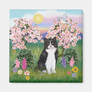 Aimant Chat noir et blanc - Fleurs