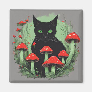 Aimant Chat noir et champignons sauvages de la forêt roug