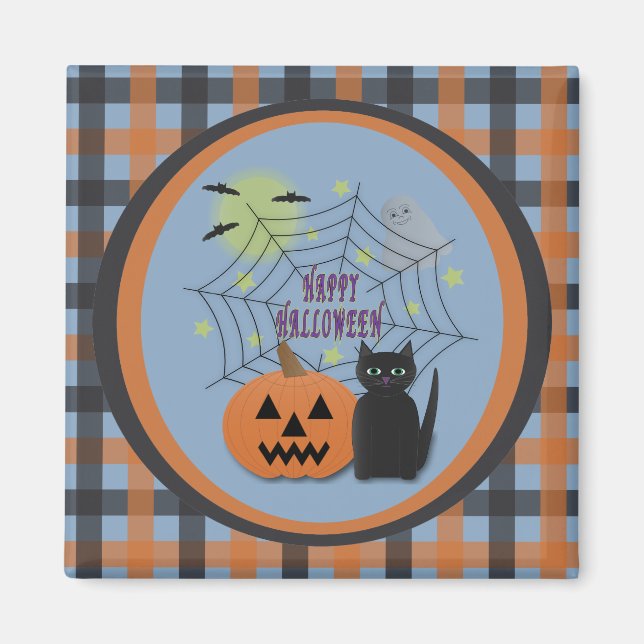 Aimant Chat noir et Citrouille pas effrayant Halloween (Devant)