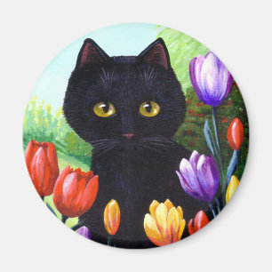 Aimant Chat noir Fleurs d'art originales Printemps Créati