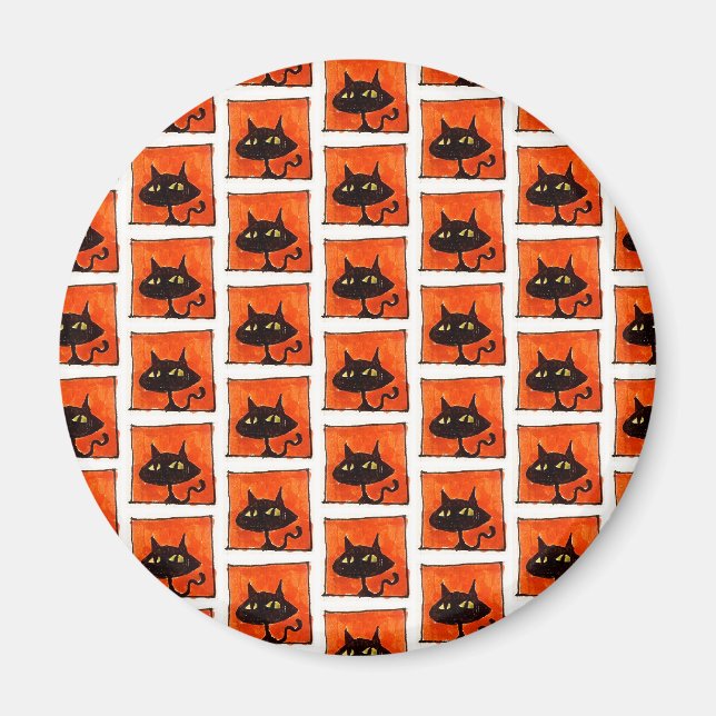 Aimant Chat noir Halloween Carrés orange Dessin animé (Devant)