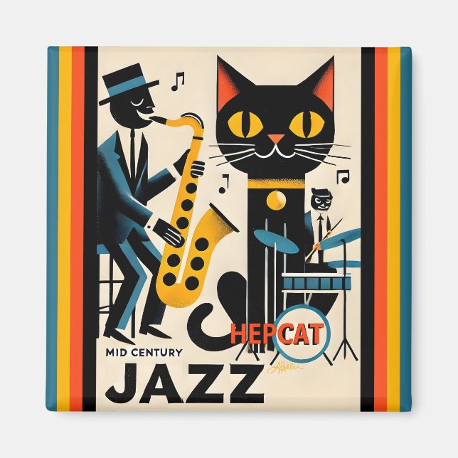 Aimant Chat Noir HepCat d'Ère du Jazz Milieu du Siècle (Devant)