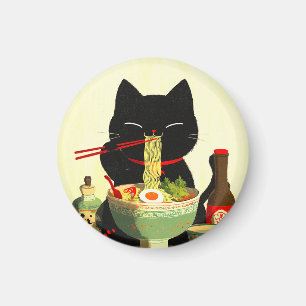 Aimant Chat noir heureux mangeant du Ramen Ukiyo-e japo