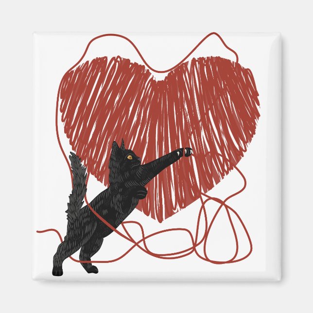 Aimant Chat Noir Jouant Déraviser le Coeur Rouge (Devant)