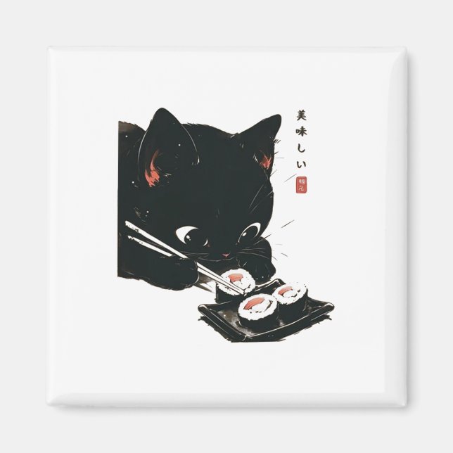 Aimant Chat noir manger Sushi - Chat Art Japonais (Devant)