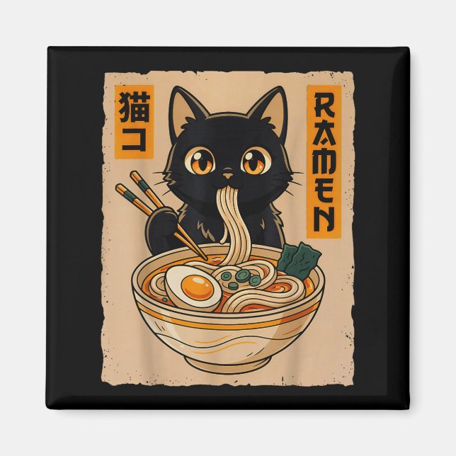 Aimant Chat noir mignon d'anime rétro mangeant des nouill (Devant)